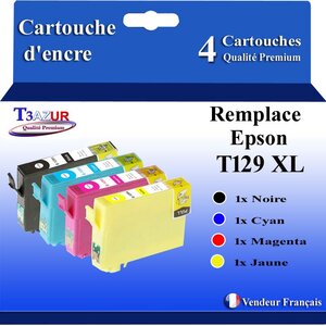 T3AZUR- 4x Cartouches Compatibles avec Epson T1291 T1292 T1293 T1294 remplace Epson WorkForce WF-3010DW WF-3030DTWF WF-3040DTWF WF-3520DWF WF-7015 WF-7515 WF-7525