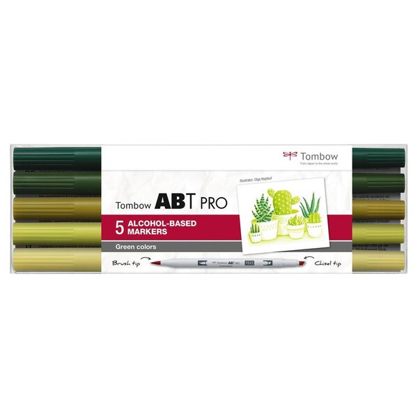 Set de 5 Marqueurs Base Alcool Double Pointe ABT PRO couleurs vert TOMBOW