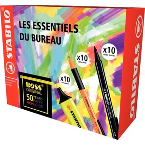 Coffret bureau 30 pièces 10 boss original jaunes + 10 pointmax noirs + 10 pointball noirs stabilo