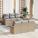 Set canapé de jardin 7 pièces avec coussins en beige poly rotin acacia