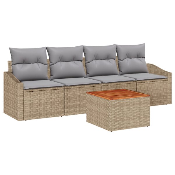 vidaXL Ensemble de Canapé de Jardin 5 pièces avec Coussins Beige Poly Rattan Acacia
