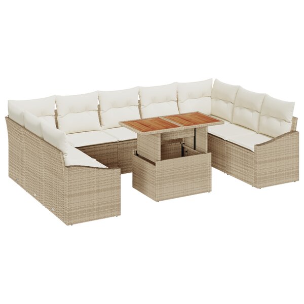 vidaXL Ensemble de Canapé de Jardin 10 Pièces avec Coussins Beige Poly Rattan