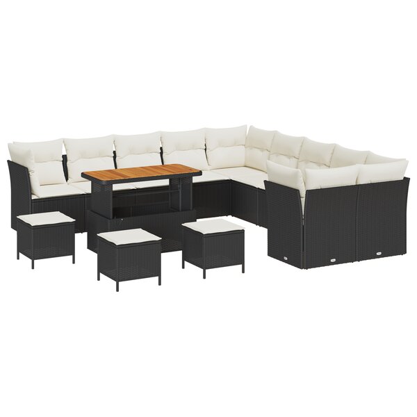 Canapé de jardin 14 pièces avec coussins noir poly rotin acacia