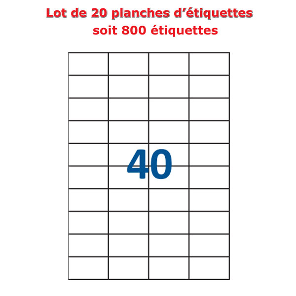 Lot de 20 Planches étiquettes autocollantes blanches sur feuille A4 : 52 5 x 29 7 mm (40 étiquettes)