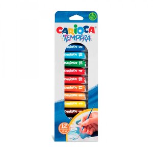 Carioca Pack de 12 Tubes Tempera - Couleurs Superwashables - Haut Pouvoir Couvrant - Applicable sur Matériaux Poreux - Emballage 100  Recyclable - Coloris Divers