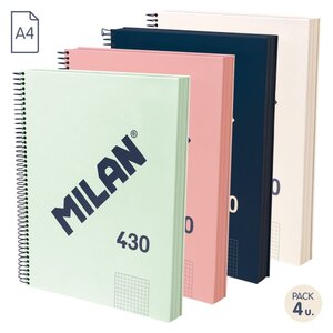 Milan Serie 1918 Pack de 4 Cahiers à Spirale Format A4 Grille 5x5mm - 120 Feuilles de 95 gr/m2 - Micro-perforées 4 Trous - Couleurs Assorties