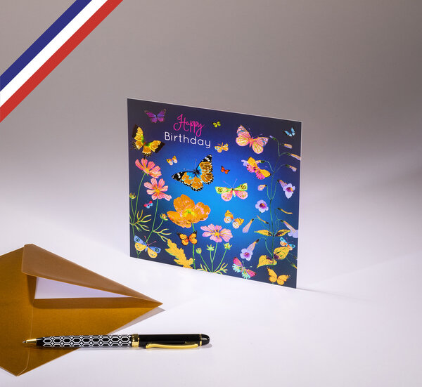 Carte simple paradisio créée et imprimée en france - happy birthday - papillons et fleurs