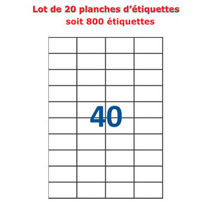 Lot de 20 Planches étiquettes autocollantes blanches sur feuille A4 : 52 5 x 29 7 mm (40 étiquettes)