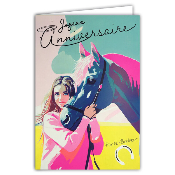 Carte FLUO Joyeux ANNIVERSAIRE avec Enveloppe 12x17,5cm - Fille Poney Cheval