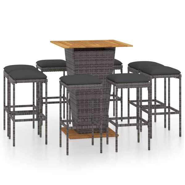 vidaXL Ensemble de bar de jardin 9 Pièces et coussins Résine tressée Gris