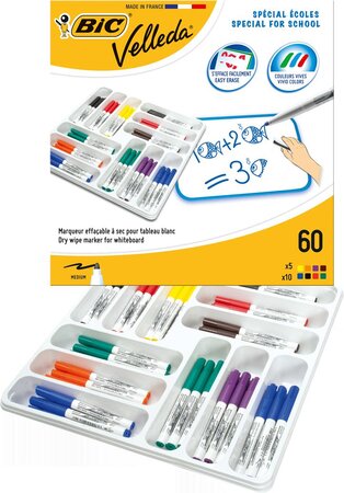 Class pack 60 Feutres tableau blanc effaçable 1741 Pte Medium Couleurs Assorties VELLEDA