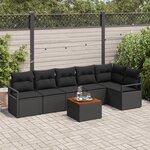 Ensemble de Canapés de Jardin 7 pièces avec Coussins Noir Rattan Poly Acacia