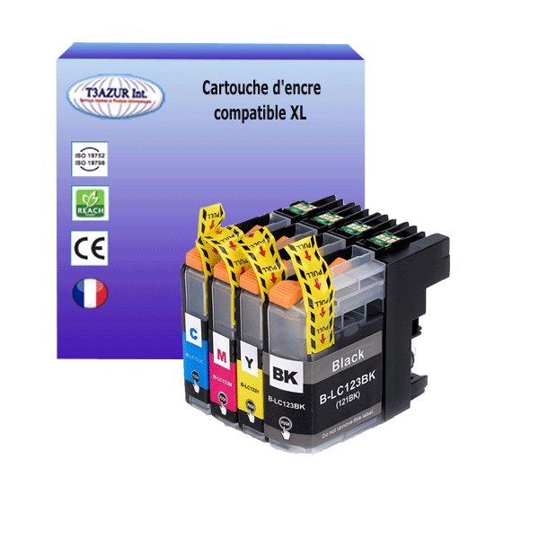 T3AZUR- 4x Cartouches compatibles avec Brother LC123XL pour Brother MFC-J245  MFC-J4410DW  MFC-J4510DW  MFC-J4610DW