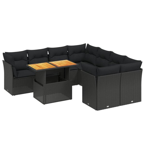 vidaXL Salon de jardin 9 Pièces avec coussins noir résine tressée
