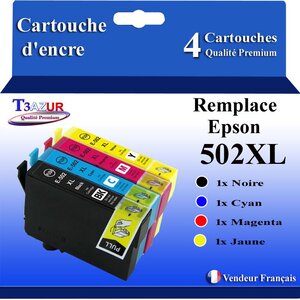 T3AZUR - 4x Cartouches compatibles avec Epson WorkForce WF-2860DWF WF-2865DWF WF-2880DWF WF-2885DWF 502XL