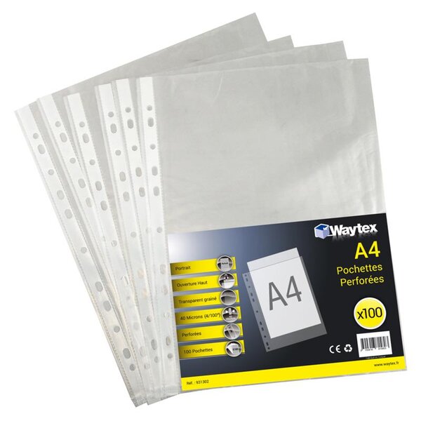 Chemise Pochette perforée A4, transparent grainé, 40 mic sachet de 100 WAYTEX