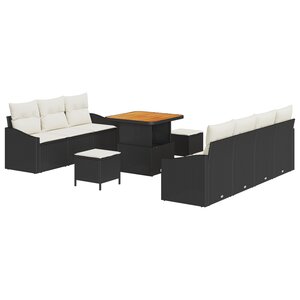 Ensemble de canapé de jardin 10 pièces avec coussins en noir poly rattan acacia