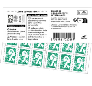 Carnet 12 timbres Marianne de l'avenir - Lettre Verte - Couverture Lettre Services Plus