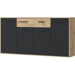 Buffet Particules mélaminé - chêne et noir - 4 portes + 2 tiroirs - 162 3 x 34 2 x 81 7 cm