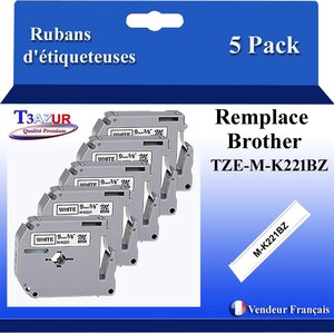 5x Rubans d'étiquettes laminées générique Brother MK231BZ MK-231BZ pour étiqueteuses P-touch - Texte noir sur fond blanc - T3AZUR