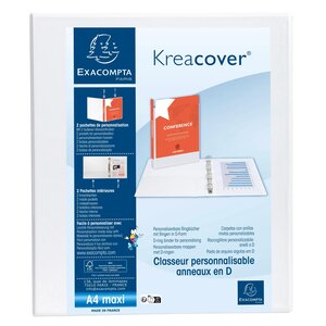 Classeur Personnalisable Rigide 2 Poches Kreacover - 4 Anneaux En D 40mm - A4 Maxi - Blanc - X 10 - Exacompta