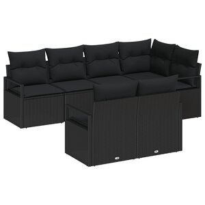 Canapé de jardin 7 pièces avec coussins en rotin noir