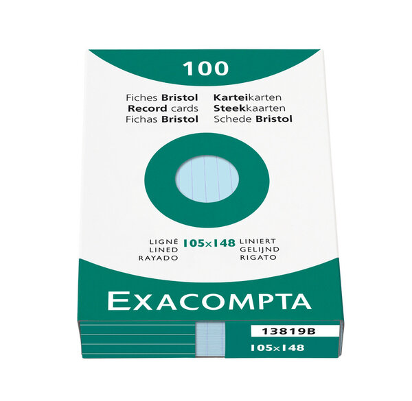 Étui de 100 fiches bristol ligné non perforé 105x148mm Bleu EXACOMPTA