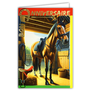 67-1278 Carte Bon ANNIVERSAIRE Fer à Cheval Porte-Bonheur en Or Doré Brillant et Enveloppe 12x17 5cm équitation hippisme club hippique équestre étalon Jument Poulain Poney écurie box selle cravache