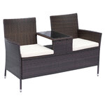 Banc de jardin design contemporain 133L x 63l x 84H cm banc double chaise avec coussins assise + tablette intégrée résine tressée chocolat polyester crème