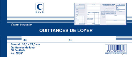 Carnet à souche QUITTANCES DE LOYER 105 x 245 mm 50 Feuillets ELVE