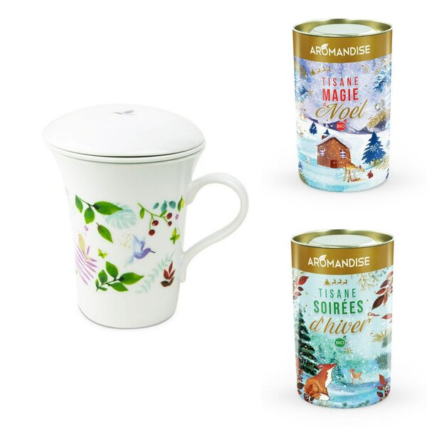 Tisanière fleurie porcelaine 250 ml + Tisanes Soirées d'Hiver et Magie de Noël