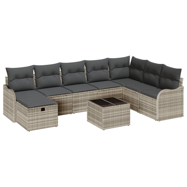 Ensemble de canapé de jardin de 9 pièces avec coussins gris clair en poly rotin