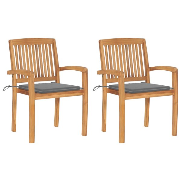 vidaXL Chaises de jardin lot de 2 et coussins gris Bois de teck massif