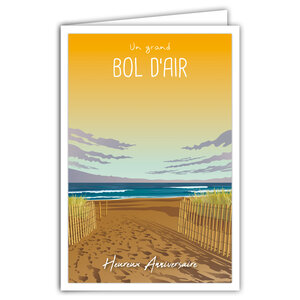 Carte Heureux Anniversaire avec Enveloppe - Mini Poster Format 17x11 5cm Style Rétro Vintage - Un grand bol d'air Mer Océan Sable Plage Dunes Ganivelles - Fabriquée en France