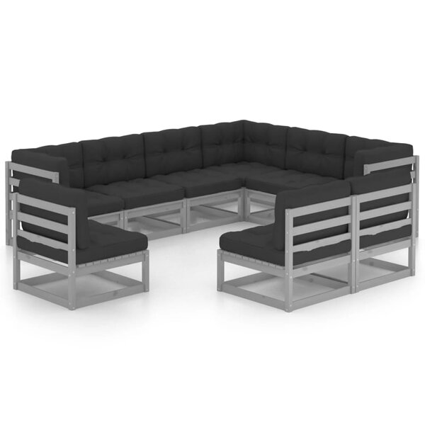 vidaXL Salon de jardin 9 Pièces avec coussins Gris Bois de pin massif