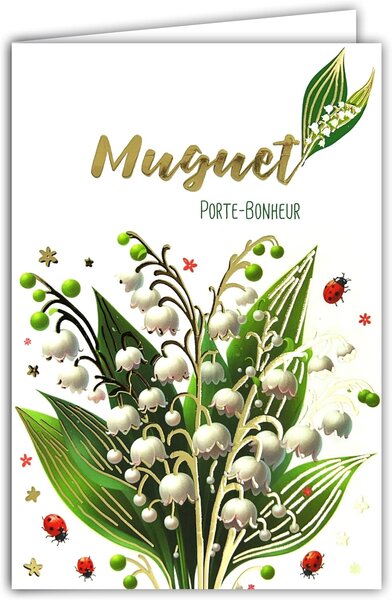 Carte Muguet Porte-Bonheur en Or Doré Brillant avec Enveloppe 12x17 5cm