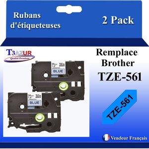 2x Rubans d'étiqueteuses compatibles avec Brother Tze561 Tze-561 pour étiqueteuses P-touch - Texte noir sur fond bleu