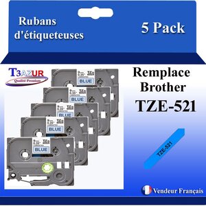 5x Rubans d'étiqueteuses compatibles avec Brother Tze521 Tze-521 pour étiqueteuses P-touch - Texte noir sur fond bleu - T3AZUR