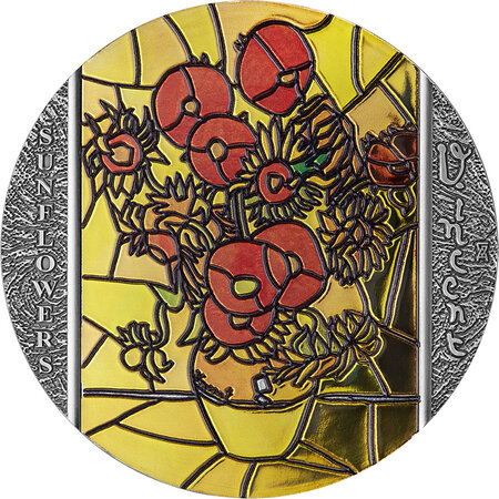 Pièce de monnaie en Argent 10 Cedis g 62.2 (2 oz) Millésime 2022 Stained Glass Art SUNFLOWERS