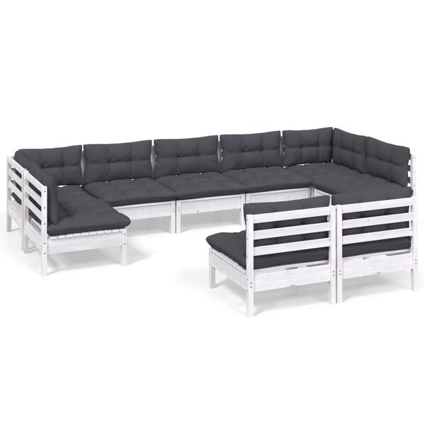 vidaXL Salon de jardin 9 Pièces avec coussins blanc bois de pin massif
