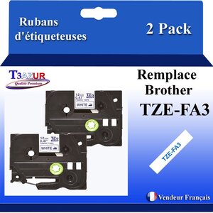 2x Rubans d'étiqueteuses compatibles avec Brother TzeFA3  Tze-FA3 pour étiqueteuses P-touch - Texte bleu sur fond blanc