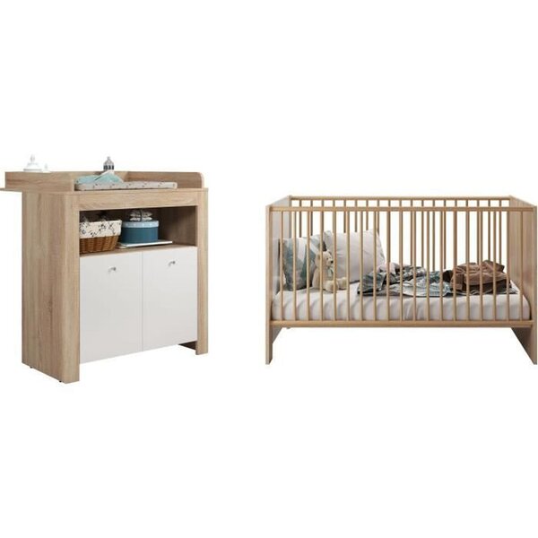 Lit 70 x 140 cm + commode à langer 2 portes - Décor chêne sonoma et blanc mat