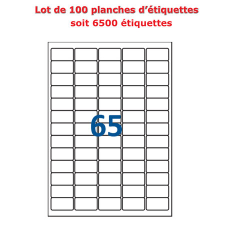 Lot de 100 Planches étiquettes autocollantes blanches sur feuille A4 : 21 2 x 33 8 mm (65 étiquettes)