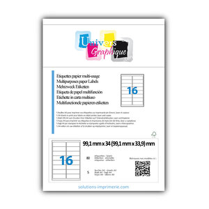 Lot de 5 planches a4 de 16 étiquettes à bords ronds 99 1 x 33 9 mm en papier blanc 70g/m² multifonction