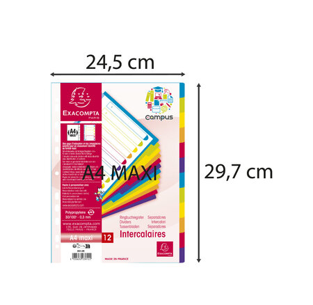 Intercalaires En Polypropylène 12 Positions Campus - A4 Maxi - Translucide - X 15 - Exacompta