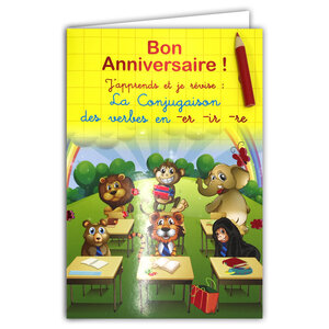 67-1103-B Carte Pédagogique Bon Anniversaire avec Crayon de couleur aléatoire et Enveloppe Jaune J'apprends et je révise les Conjugaisons des verbes parler finir perdre pour Enfants CE1 CE2 6 7 8 ans
