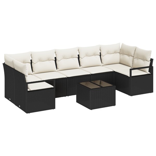 Canapé de Jardin 8 Pièces avec Coussins Noir Rotin Poly