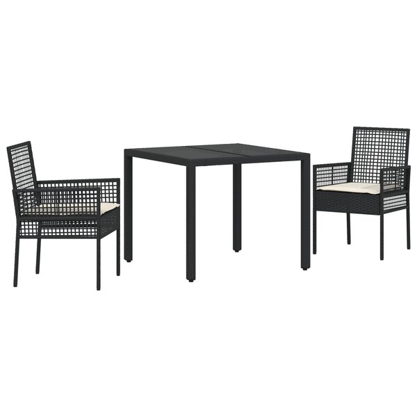 Ensemble de salle à manger de jardin en 3 pièces avec coussins en poly rattan noir