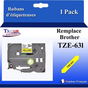 Ruban d'étiqueteuse compatible avec Brother Tze631 Tze-631 pour étiqueteuses P-touch - Texte noir sur fond jaune