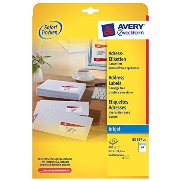 Lot de 600 étiquettes adresse sur 25 feuilles 63,5 x 33,6 mm jet d'encre blanc avery zweckform